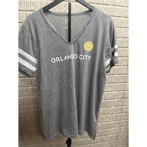 MLS‎ Orlando City SC Womens V-Neck Graphic Tee Gray Heather White Stripes L NEW